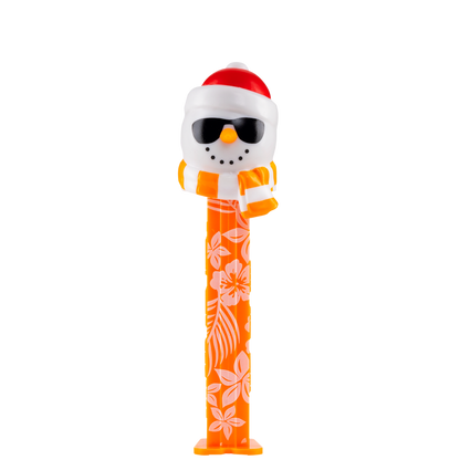 PEZ Spender von Sommer Schneemann mit roter Weihnachtsmütze, Sonnenbrille & Schal von vorne.