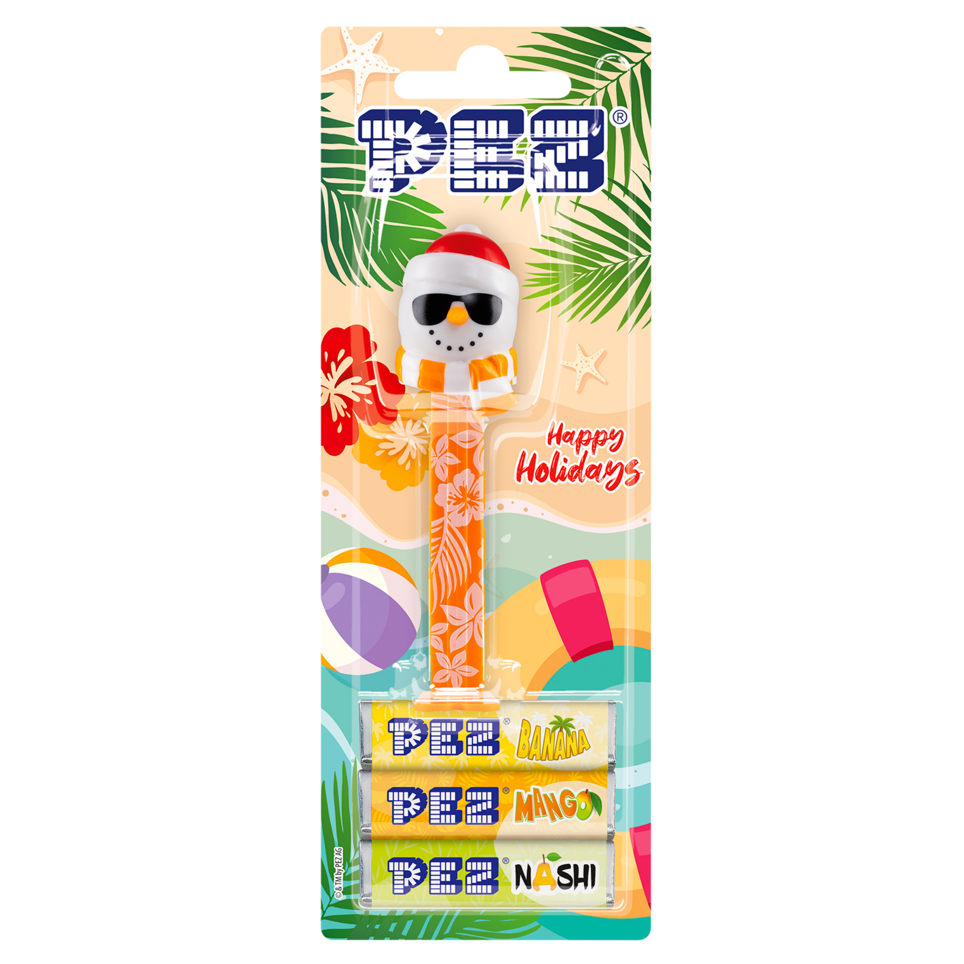 PEZ Spender von Sommer Schneemann mit roter Weihnachtsmütze, Sonnenbrille & Schal verpackt.
