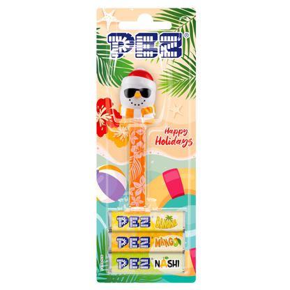 PEZ Spender von Sommer Schneemann mit roter Weihnachtsmütze, Sonnenbrille & Schal verpackt.