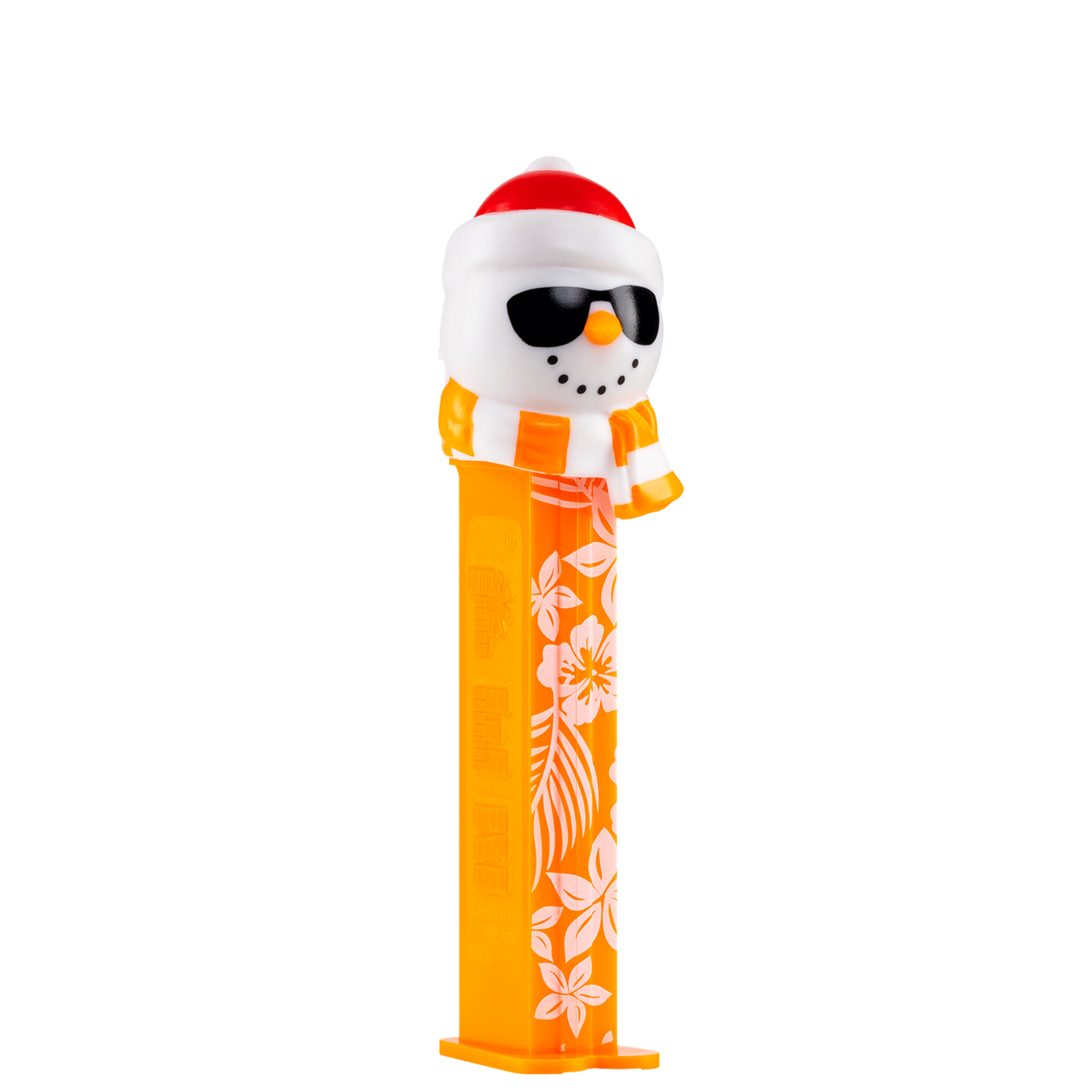 PEZ Spender von Sommer Schneemann mit roter Weihnachtsmütze, Sonnenbrille & Schal von der Seite.