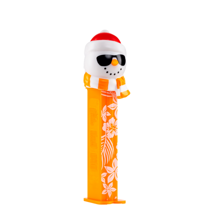PEZ Spender von Sommer Schneemann mit roter Weihnachtsmütze, Sonnenbrille & Schal von der Seite.