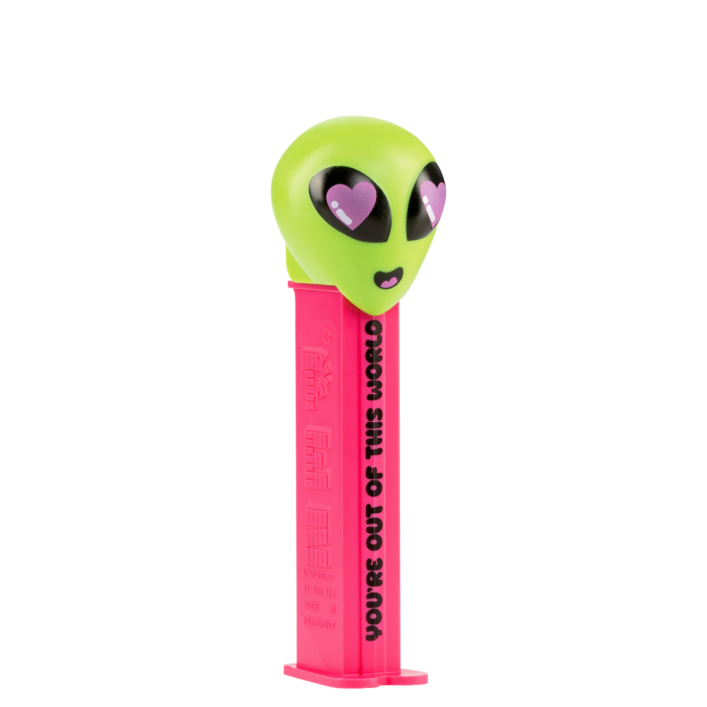 PEZ-Spender mit grünem Alien Kopf und rosa Herzaugen. Das Spendergehäuse ist pink mit schwarzer Aufschrift "You're out of this world".