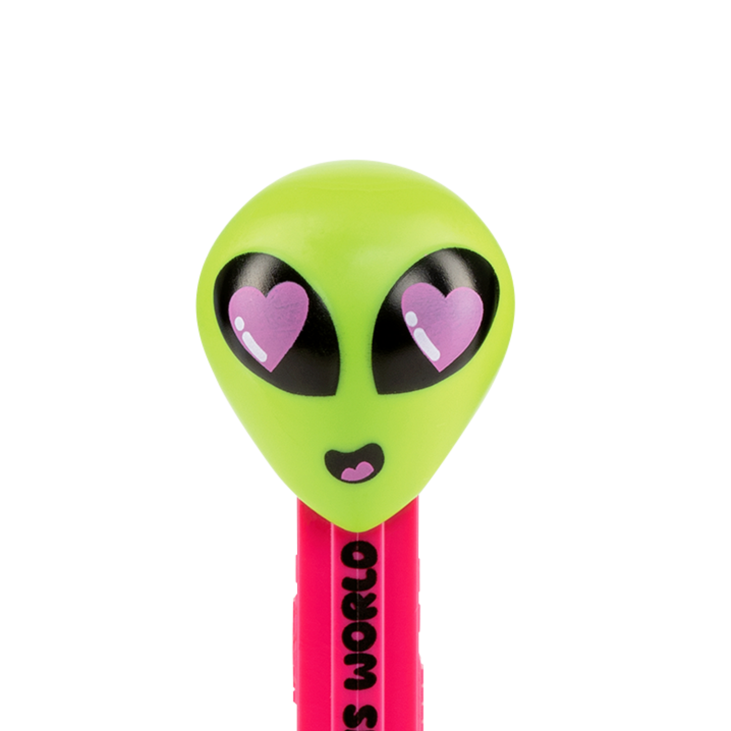 PEZ-Spender mit grünem Alien Kopf und rosa Herzaugen. Das Spendergehäuse ist pink mit schwarzer Aufschrift "You're out of this world".