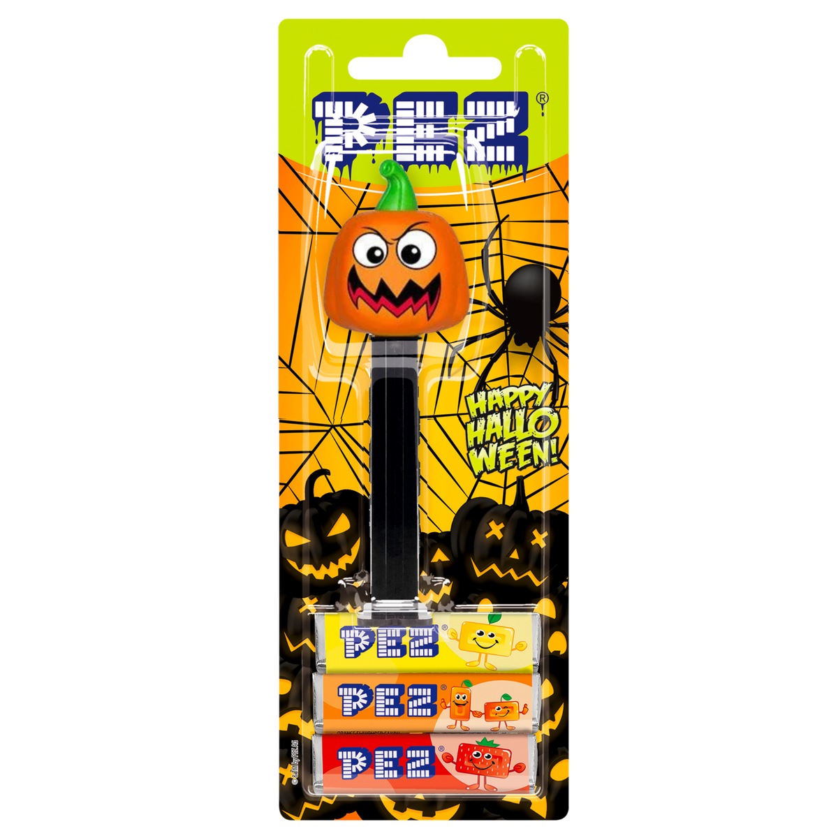 PEZ Spender von gruseliger Kürbis, verpackt zusammen mit PEZ Bonbons