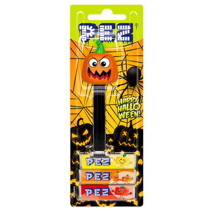 PEZ Spender von gruseliger Kürbis, verpackt zusammen mit PEZ Bonbons