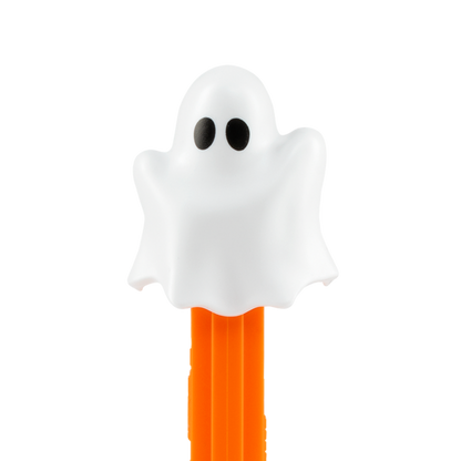 PEZ Spender von Geist Spooky. Spooky ist ein weißer Geist mit 2 großen schwarzen Augen ohne Mund.