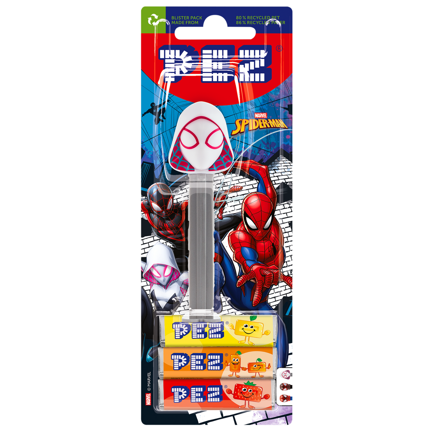 PEZ Spender von Ghost Spider, verpackt zusammen mit PEZ Bonbons
