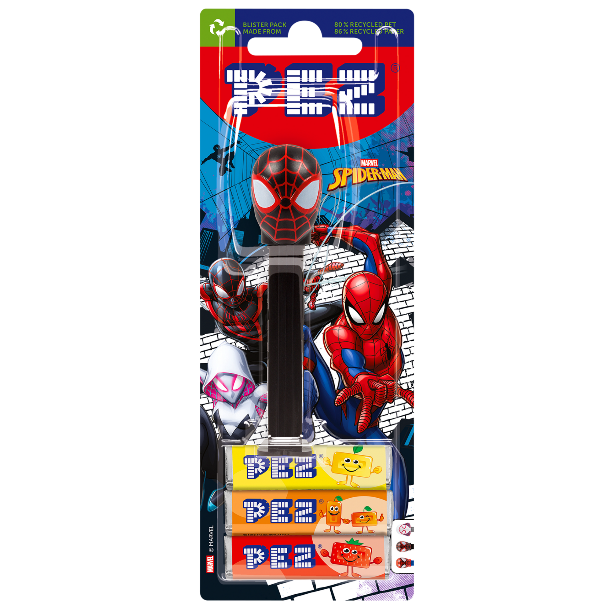 PEZ Spender von Spiderman Miles Morales, verpackt zusammen mit PEZ Bonbons