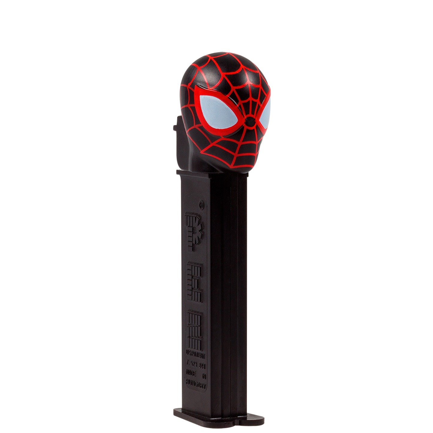 PEZ Spender von Spiderman Miles Morales, seitliche Ansicht