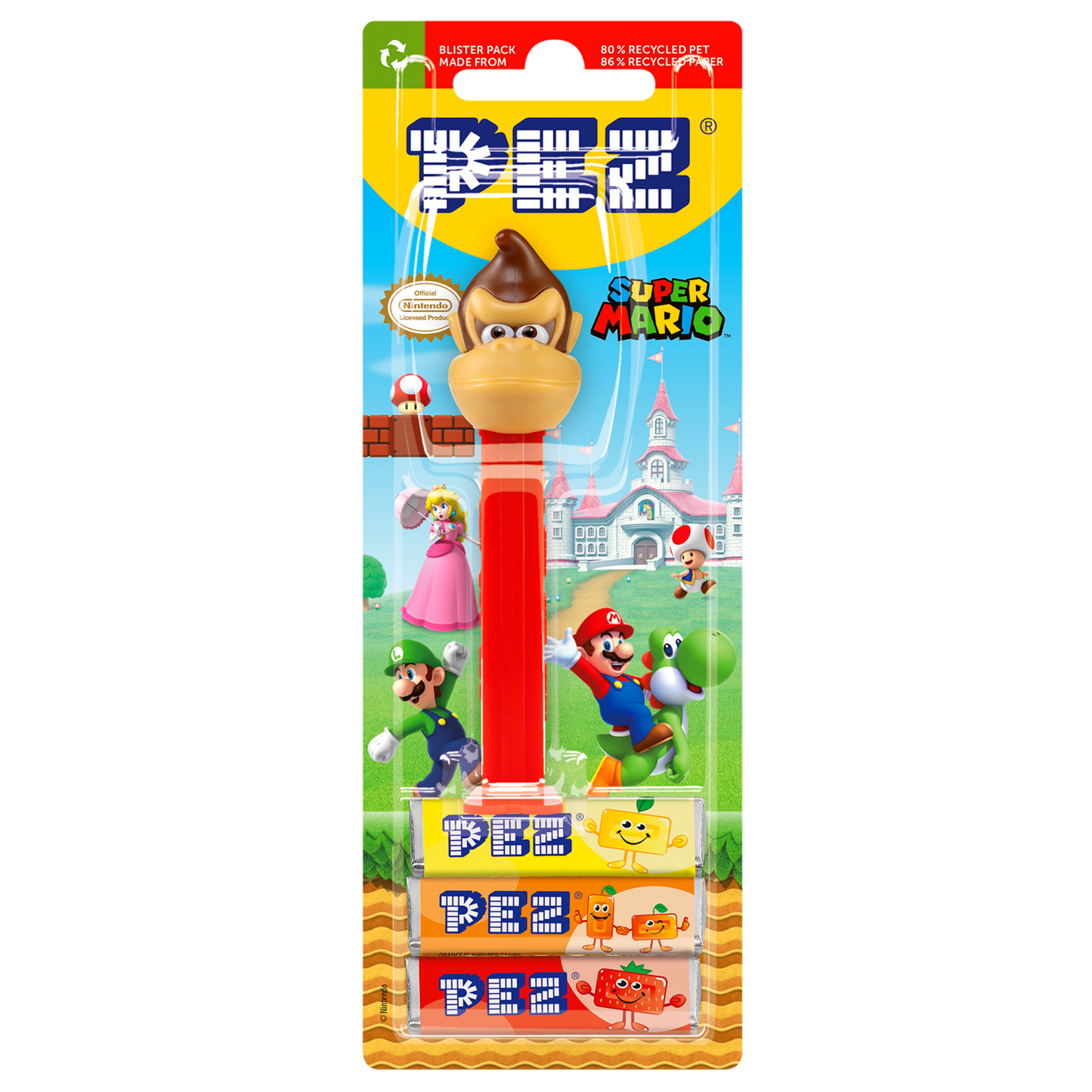 Brauner PEZ-Spender mit roter Box in Form von dem Affen Donkey Kong aus Super Mario verpackt in einem Blister.