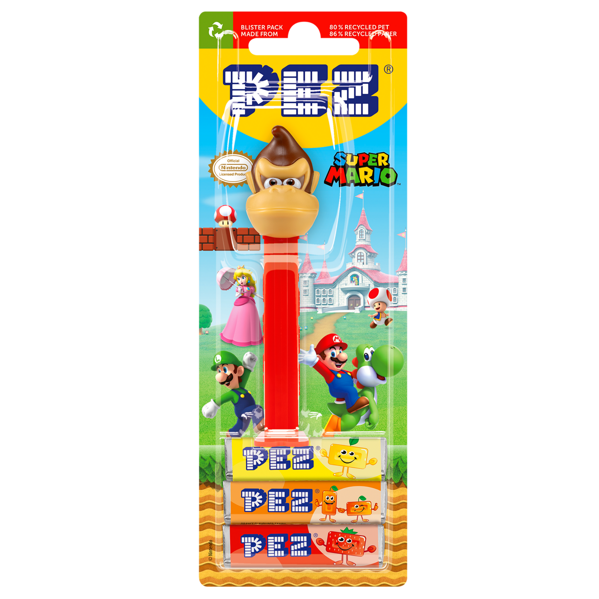 Brauner PEZ-Spender mit roter Box in Form von dem Affen Donkey Kong aus Super Mario verpackt in einem Blister.