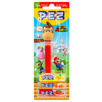 Brauner PEZ-Spender mit roter Box in Form von dem Affen Donkey Kong aus Super Mario verpackt in einem Blister.