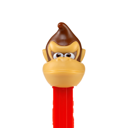 Brauner PEZ-Spender mit roter Box in Form von dem Affen Donkey Kong aus Super Mario.