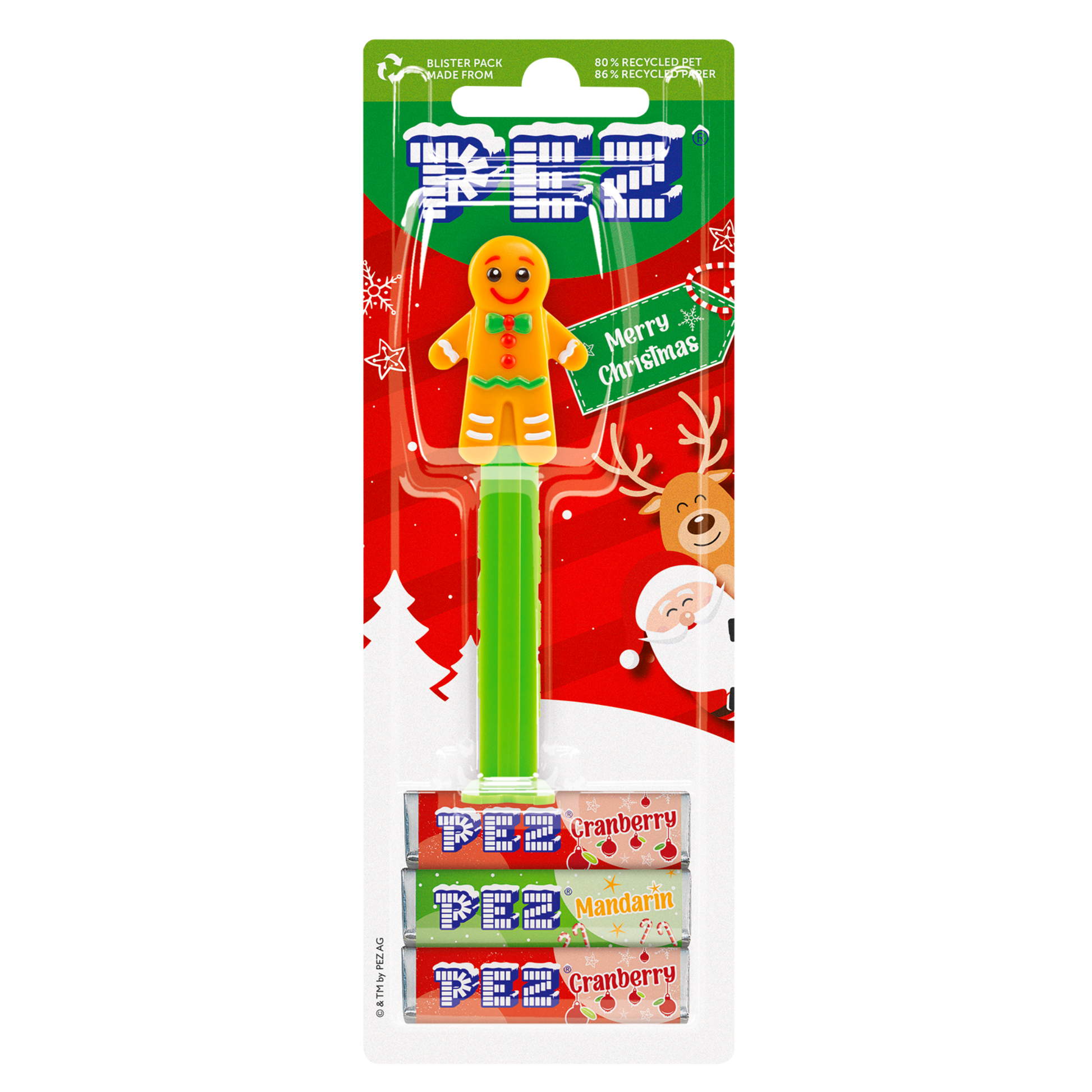 PEZ Spender Lebkuchenmann verpackt mit PEZ Bonbons in den Sorten Cranberry und Mandarine
