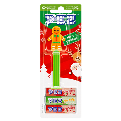 PEZ Spender Lebkuchenmann verpackt mit PEZ Bonbons in den Sorten Cranberry und Mandarine