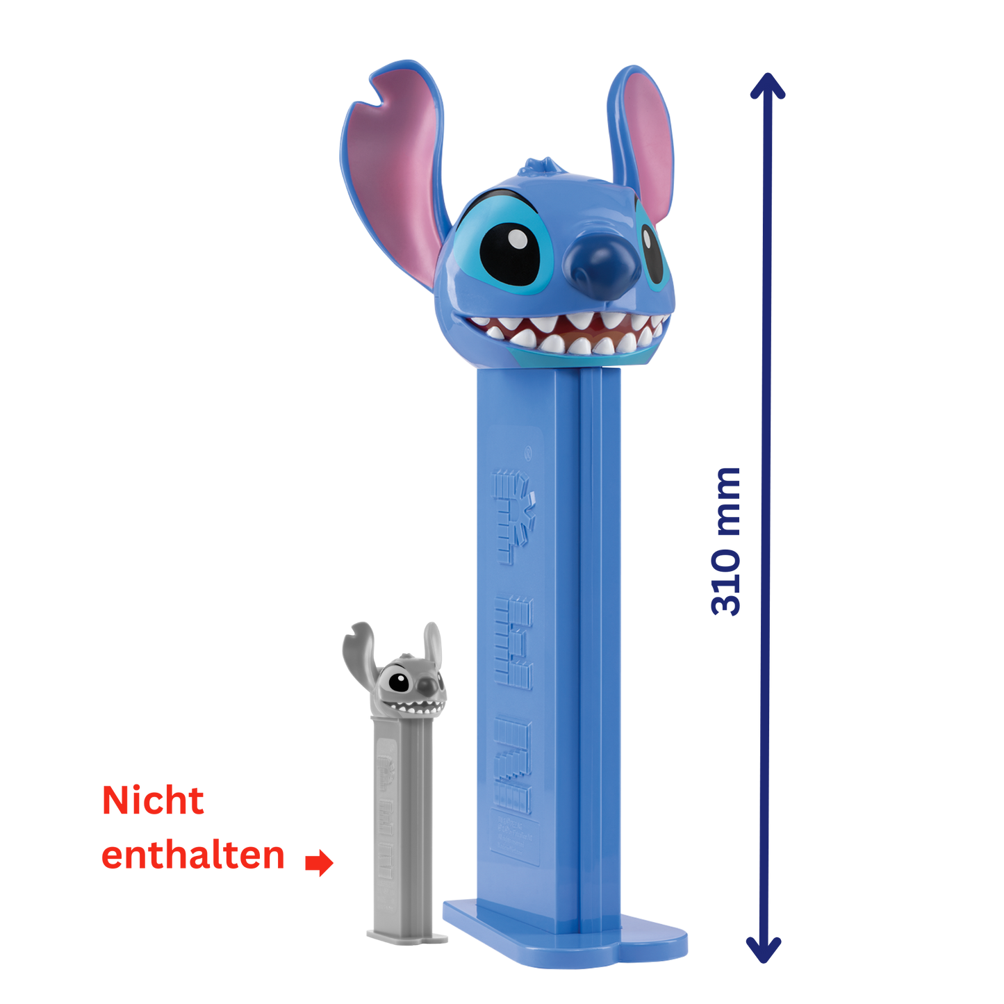Blauer PEZ-Spender in Form von Stitch aus Disney im Verhältnis zu normalen PEZ Spender. Der XXL PEZ Spender ist fast 3x so groß wie ein normaler PEZ Spender.