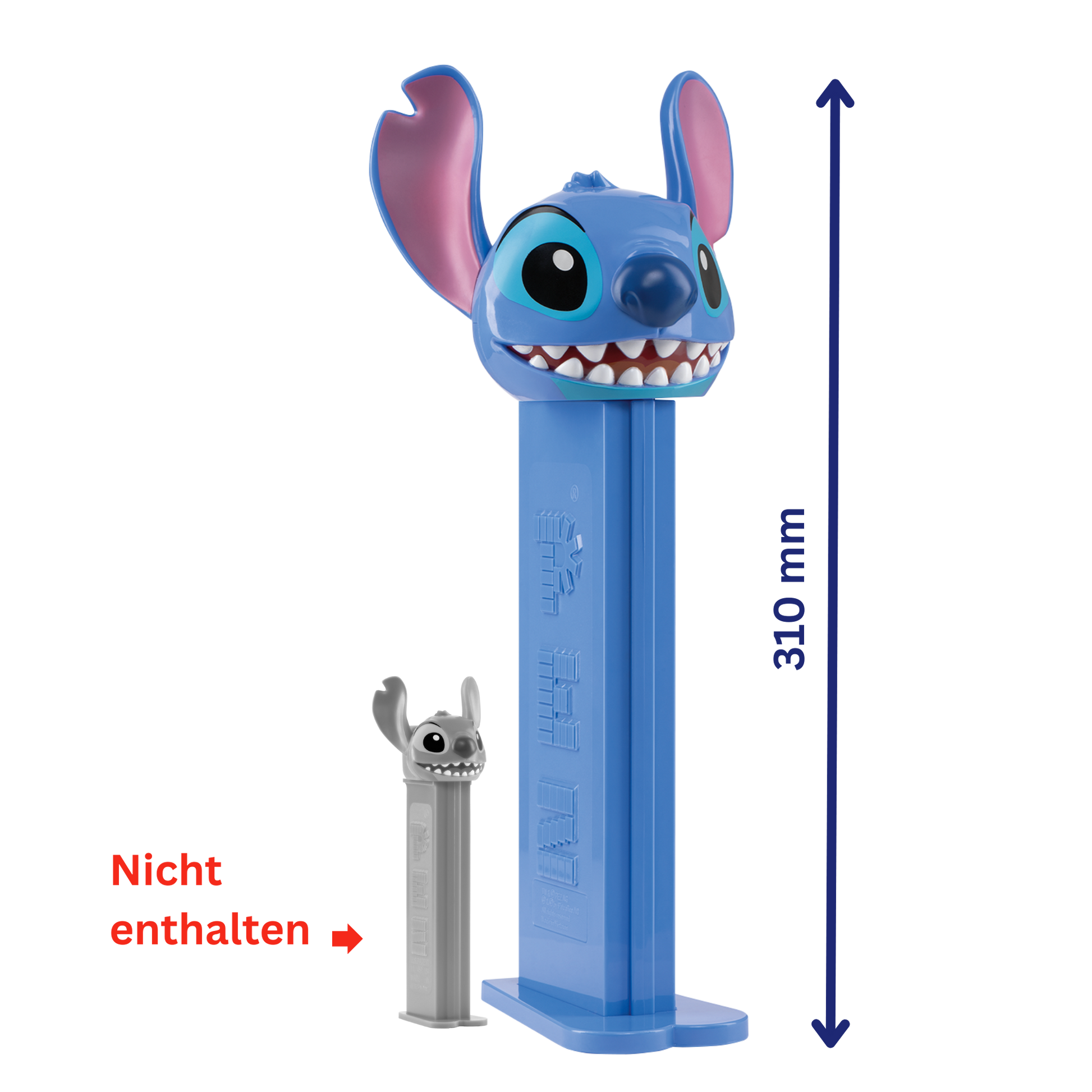Blauer PEZ-Spender in Form von Stitch aus Disney im Verhältnis zu normalen PEZ Spender. Der XXL PEZ Spender ist fast 3x so groß wie ein normaler PEZ Spender.