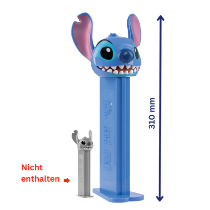 Blauer PEZ-Spender in Form von Stitch aus Disney im Verhältnis zu normalen PEZ Spender. Der XXL PEZ Spender ist fast 3x so groß wie ein normaler PEZ Spender.