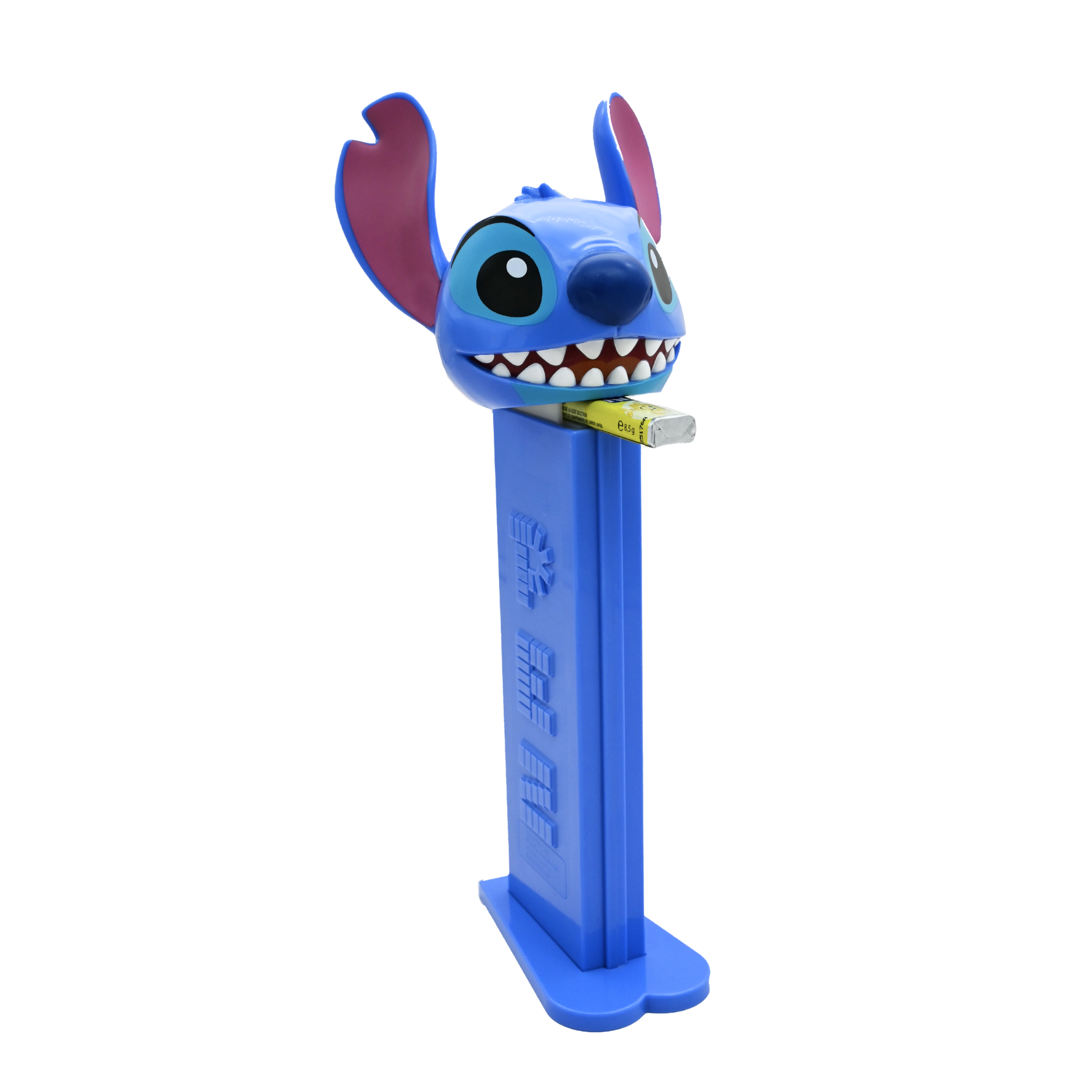 Blauer PEZ-Spender in Form von Stitch aus Disney. Der Spenderkopf ist leicht gehoben, damit ein verpacktes PEZ Bonbon reinpasst